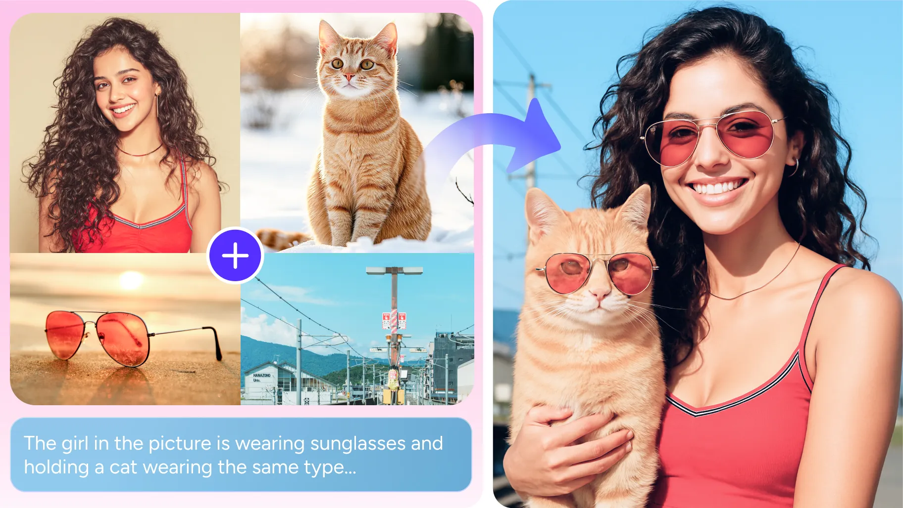combine separate photos of the girl, cat, sunglasses, and scenery into a single image depicting a vacation with pets